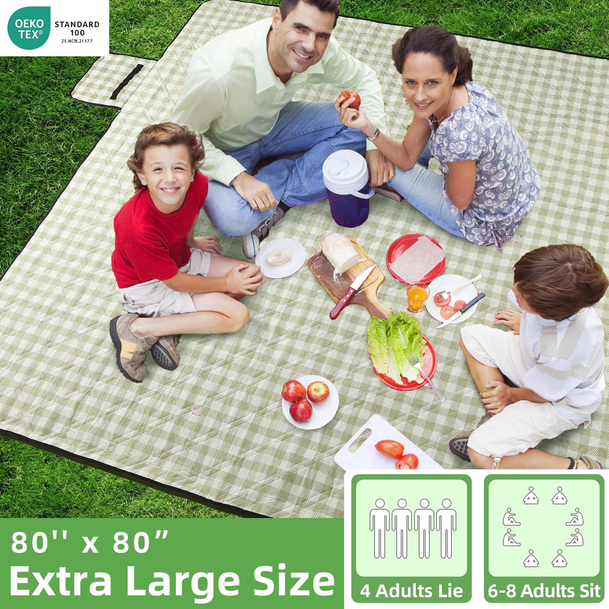 Extra Large Picnic Outdoor Blanket, 80''x80'' Waterproof Foldable Blankets Gingham Picnic Mat for Beach, Camping