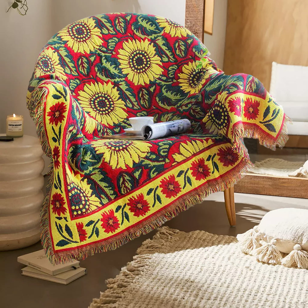 Red Sunflower Throw Blanket with Fringe Boho Throw Blankets Recliner Chair Couch Sofa Cover Woven Reversible Cotton