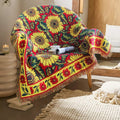 Red Sunflower Throw Blanket with Fringe Boho Throw Blankets Recliner Chair Couch Sofa Cover Woven Reversible Cotton