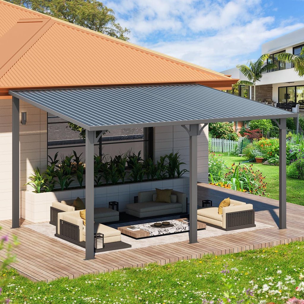 14' x 10' Outdoor Hardtop Gazebo Pergola, 10x14 Large Galvanized Steel Heavy Duty Lean to Wall-Mounted Pergolas and