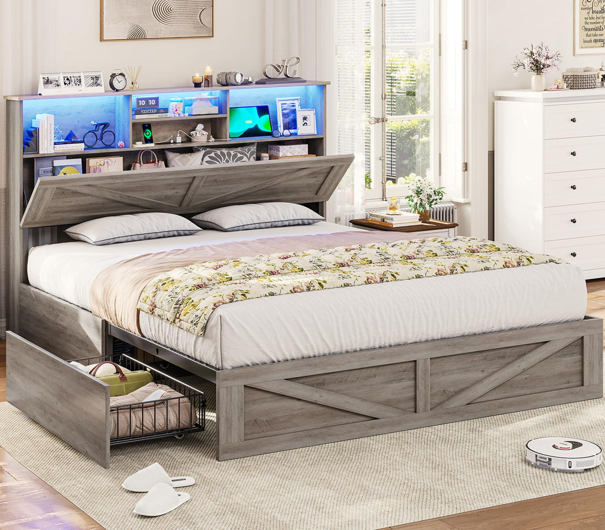 Farmhouse Bed Frame with Bookcase Storage Headboard, Charging Station and LED Lights, Wooden Bed