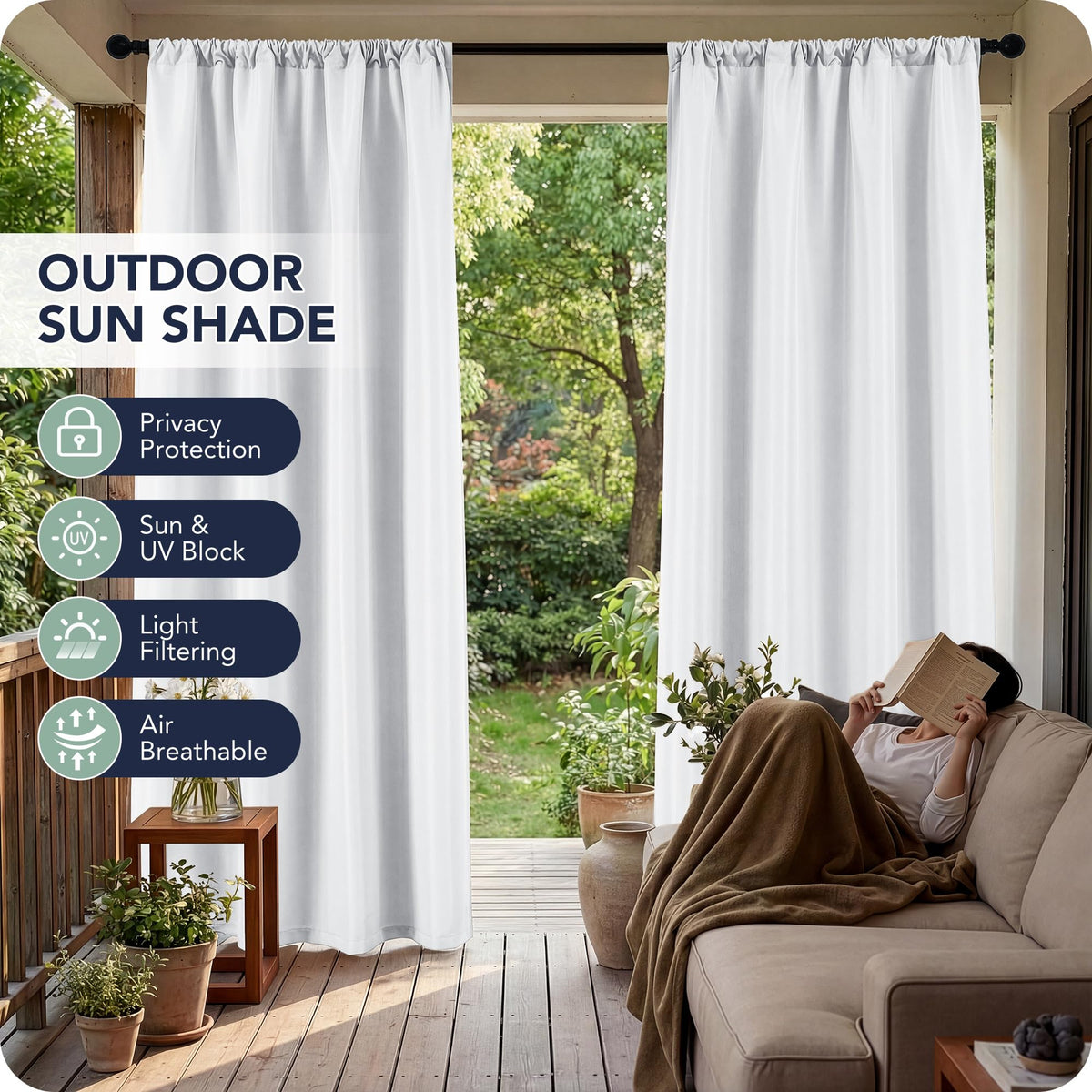 White Outdoor Curtains Waterproof, 8 Panels, Rod Pocket