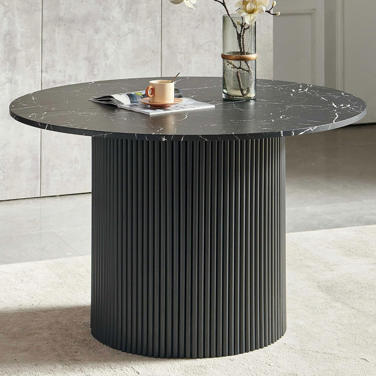 47" Round Dining Table for 4, Modern Farmhouse Marble-Look Foiled Top with MDF Striped Base, Kitchen & Dining Room