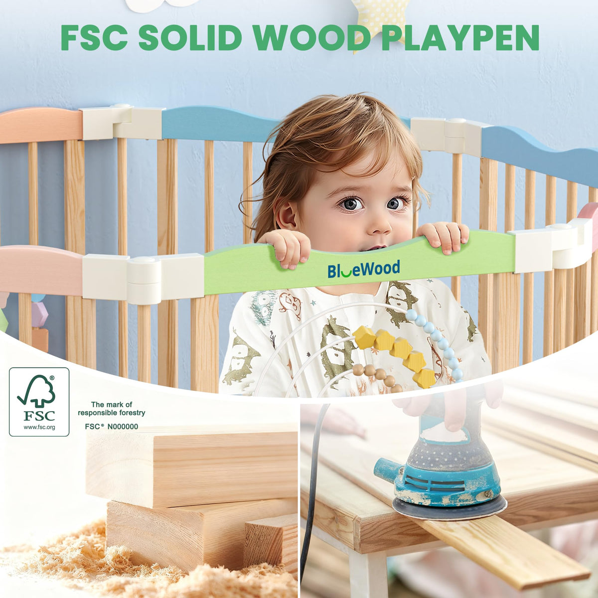 Foldable Wooden Baby Playpen, 45 x 45 x 24 inches, Pastel Dream, Rainbow
