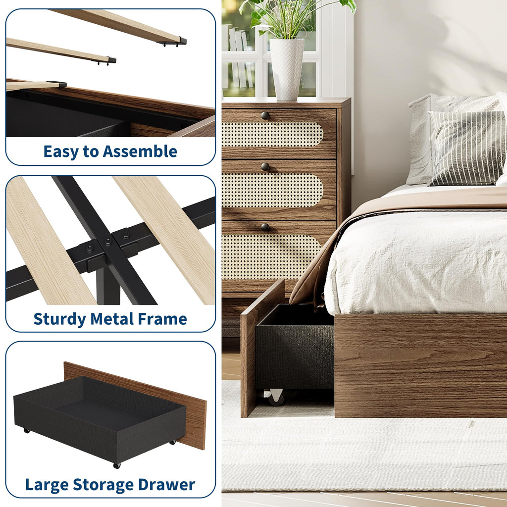Queen Bed Frame with 2 Storage Drawers, Wood Platform Bed