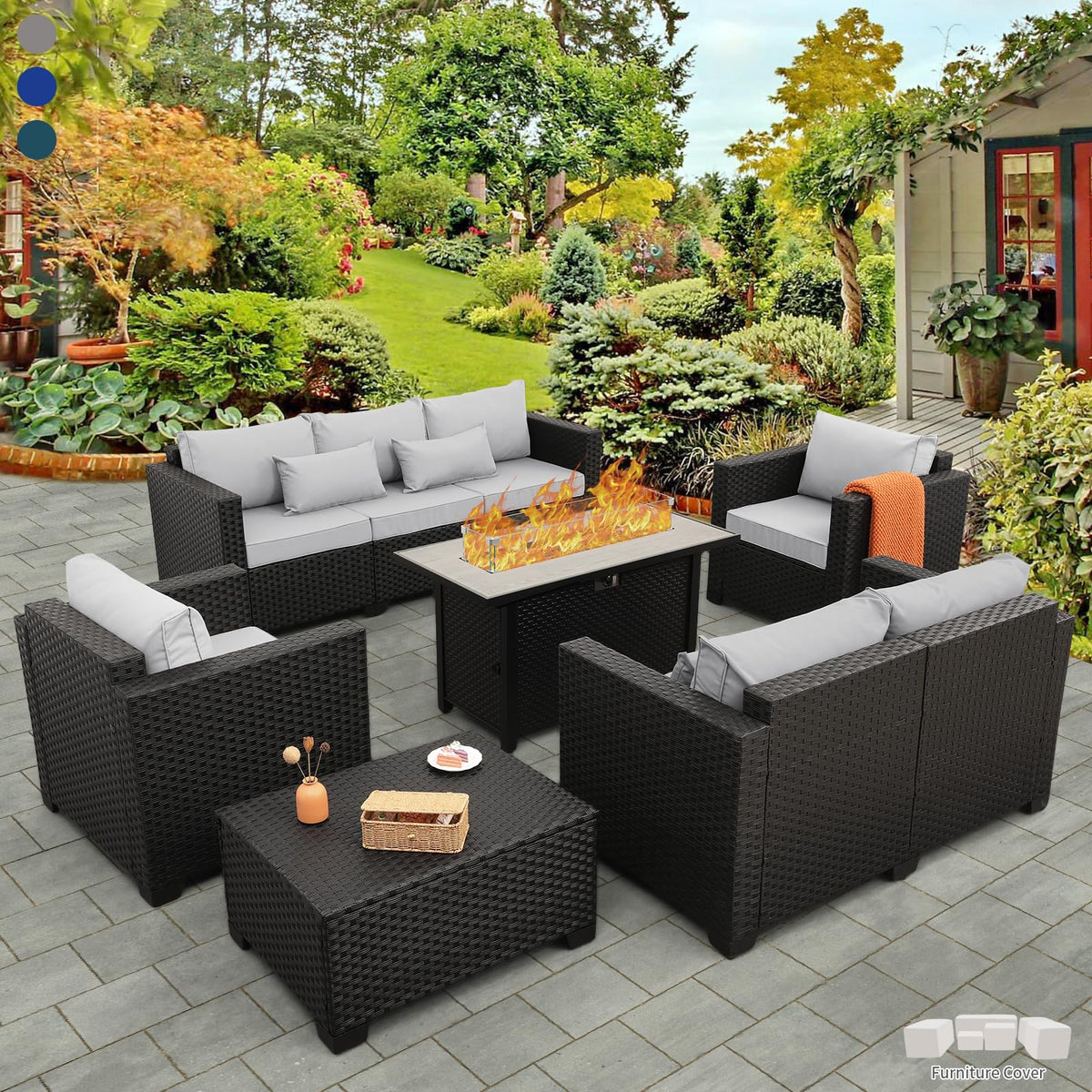 6 Pcs Outdoor Furniture Sets Patio Furniture Set with 45" Fire Pit Patio Couch Outdoor Chairs 60000 BTU Steel Propane