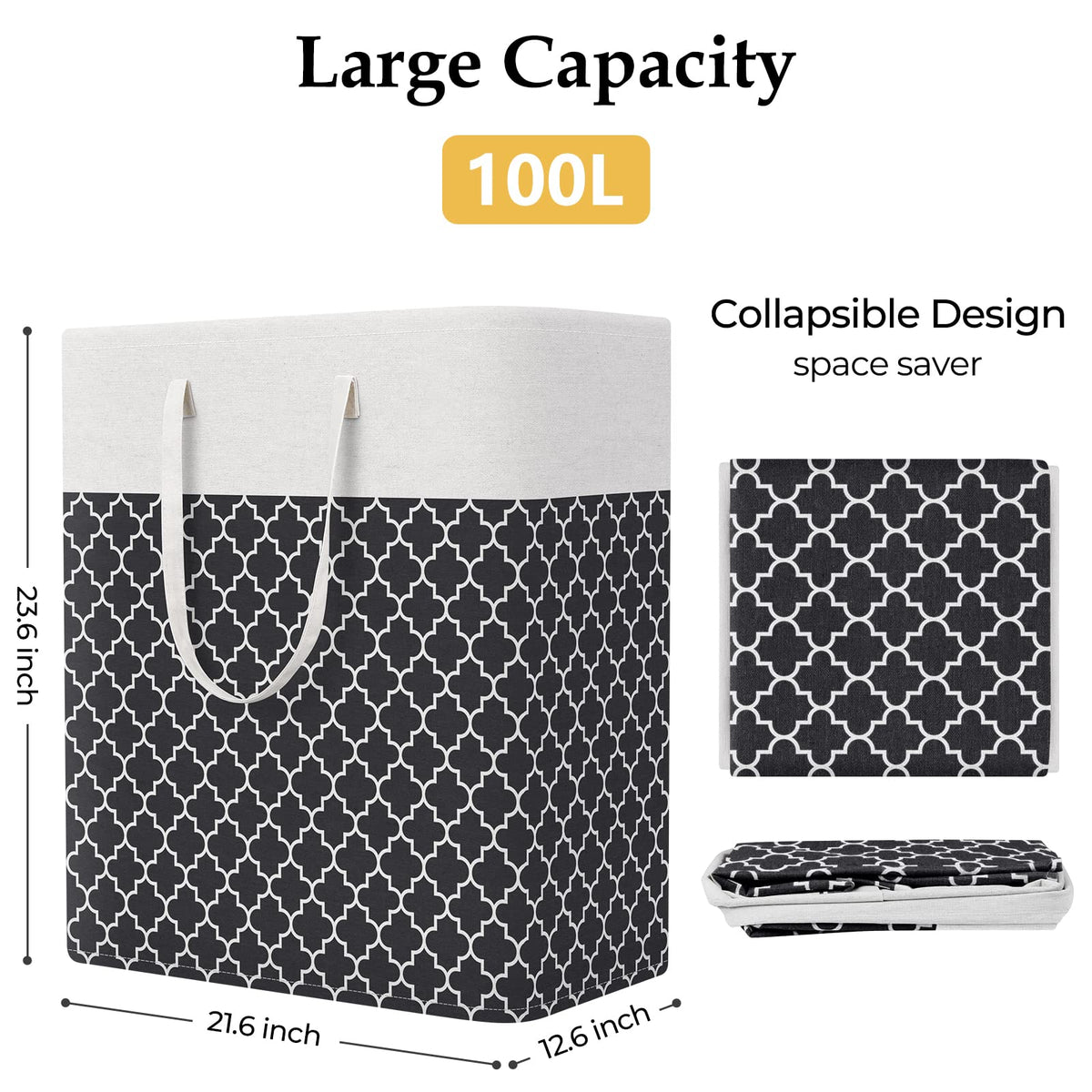 Basket Hamper, 100L Clothes Storage, Clover Black
