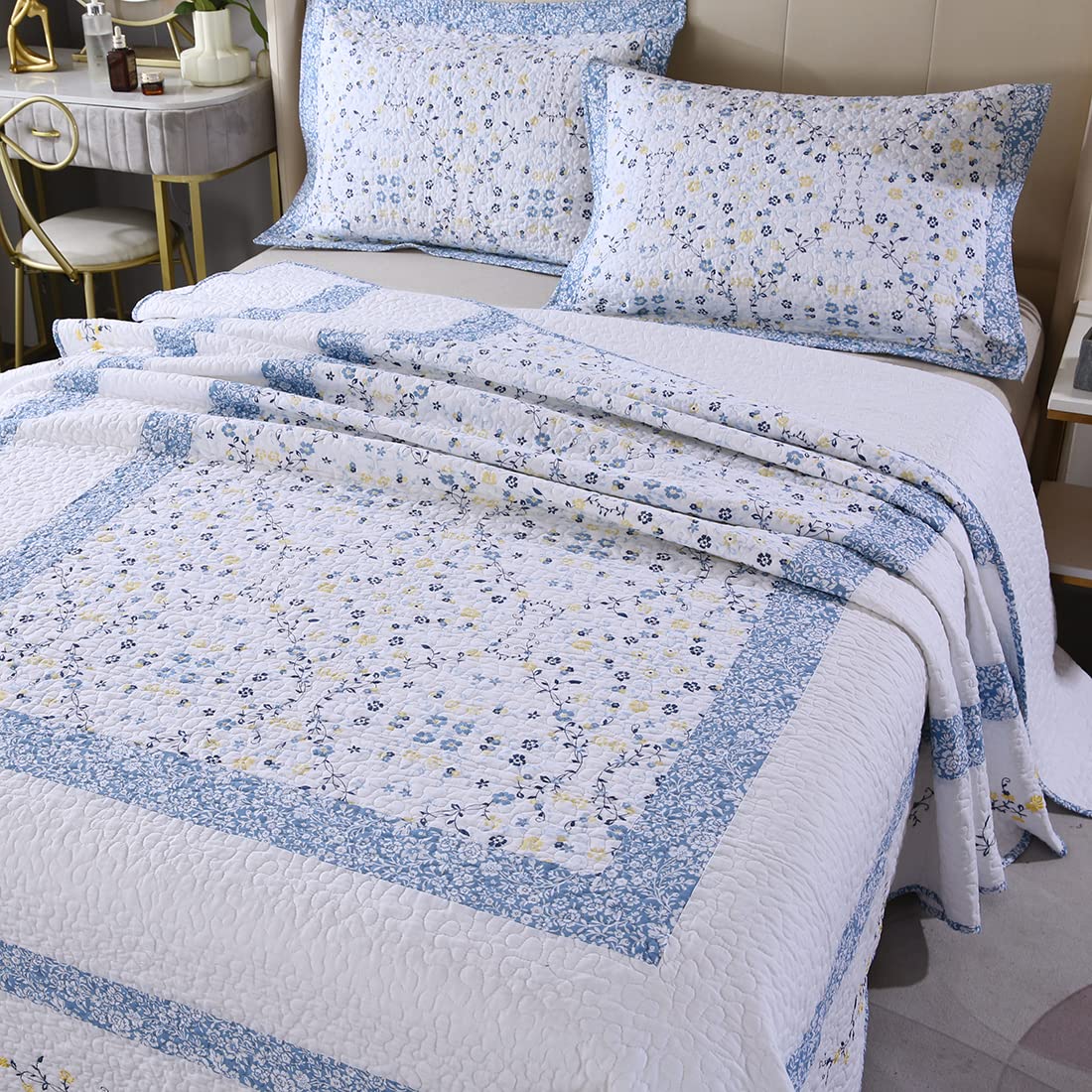 3 Pieces Cotton Quilted Embroidered Bedspread Set Oversized Lightweight Reversible Coverlet Comforter Soft Warm