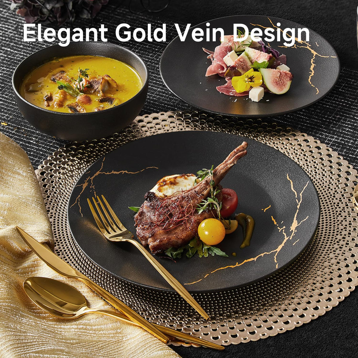 18-Piece Matte Crackle Dinnerware Sets, Black and Gold