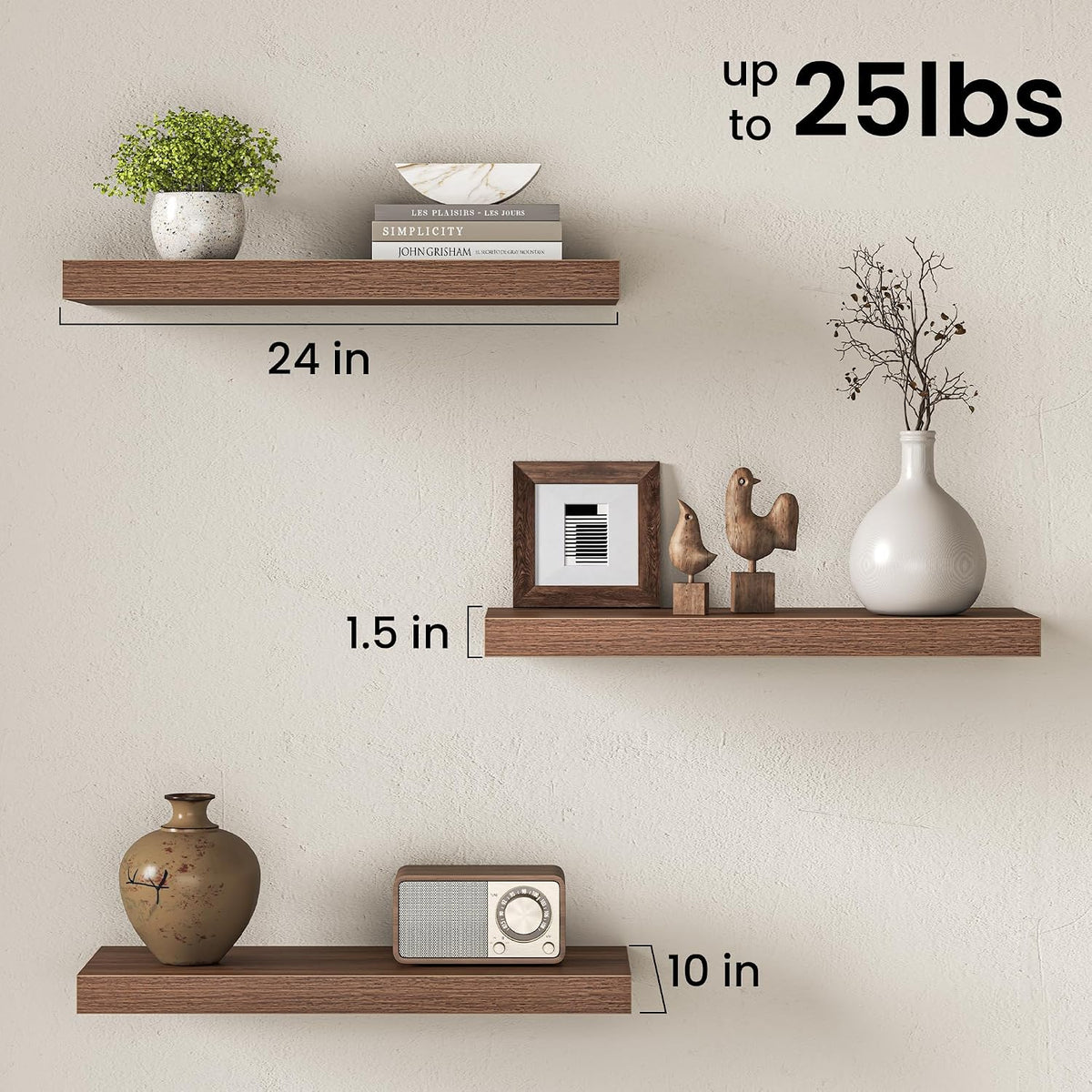 10" Deep Floating Shelves with Invisible Brackets, 24" Wall Shelves Bedroom Living Room, Modern Rustic Shelves Decor