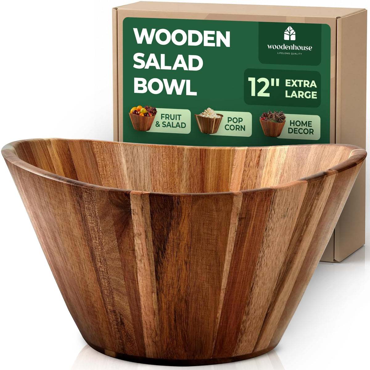 Extra Large Wooden Salad Bowl, Acacia 12" Multi-Purpose Serving Fruit Bowl