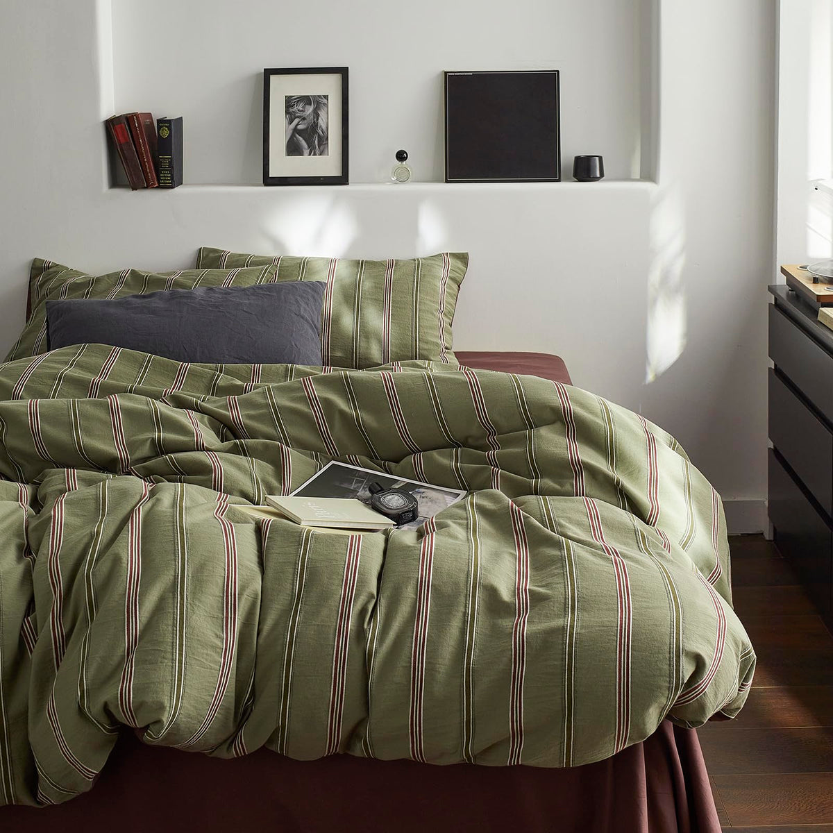 Vintage Striped Duvet Cover Set Queen - 100% Cotton Reversible Jacquard Bedding Set, Retro Olive Green & Terracotta