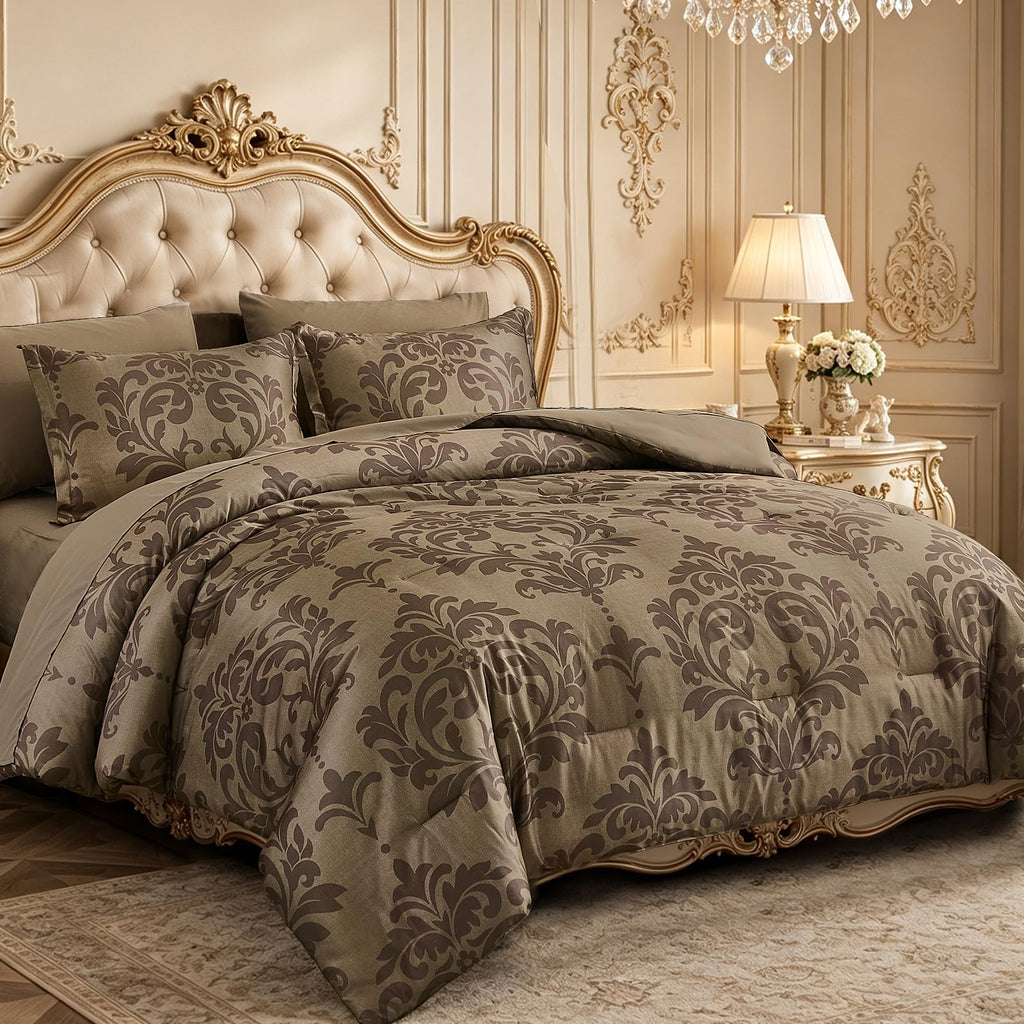 King Luxury Comforter Set Dark Brown 7 Piece Boho Damask Bedding