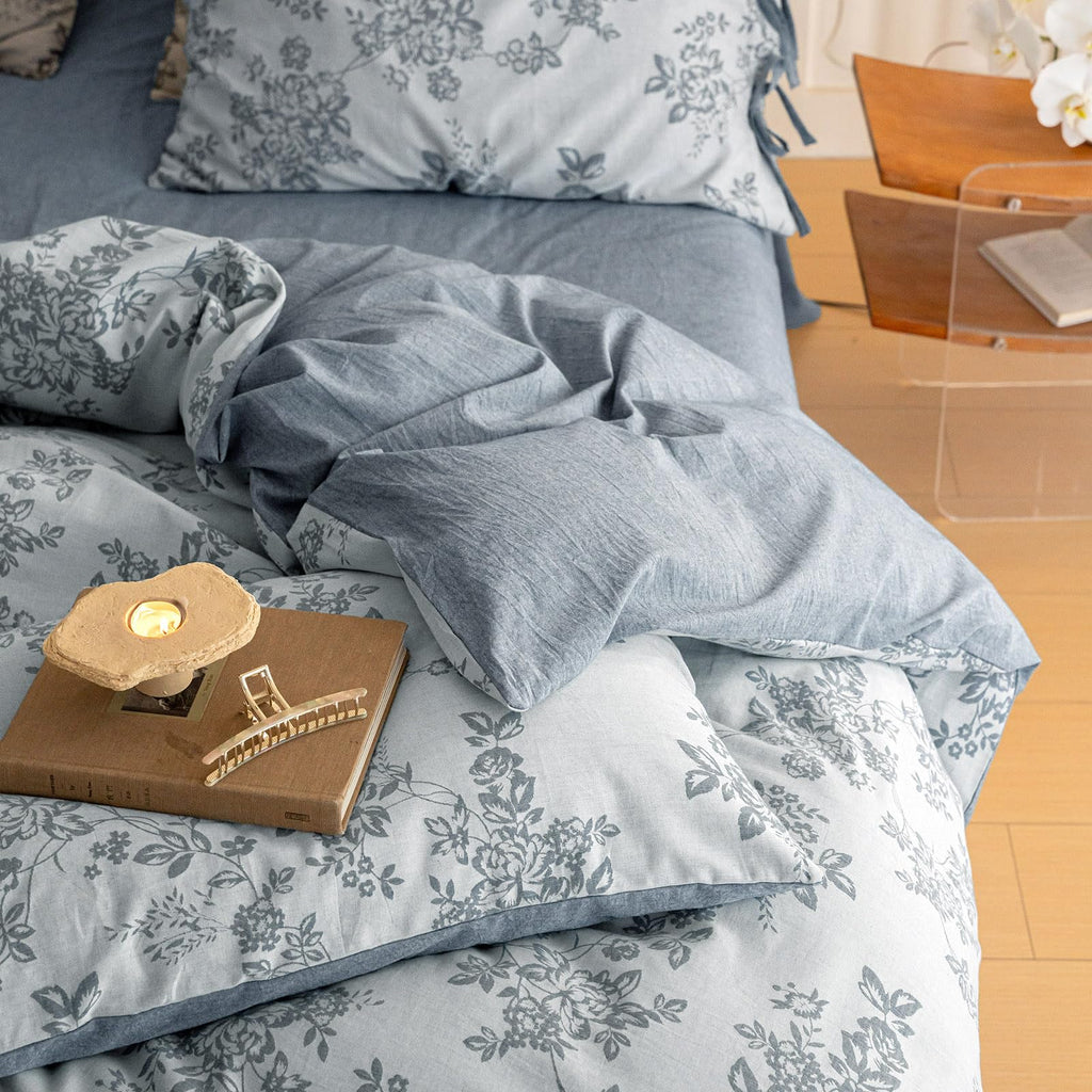 Duvet Cover Set Linen Cotton Yarn-Dyed Duvet Cover, Jacquard Garden Floral Pattern Monet Style 3Pieces