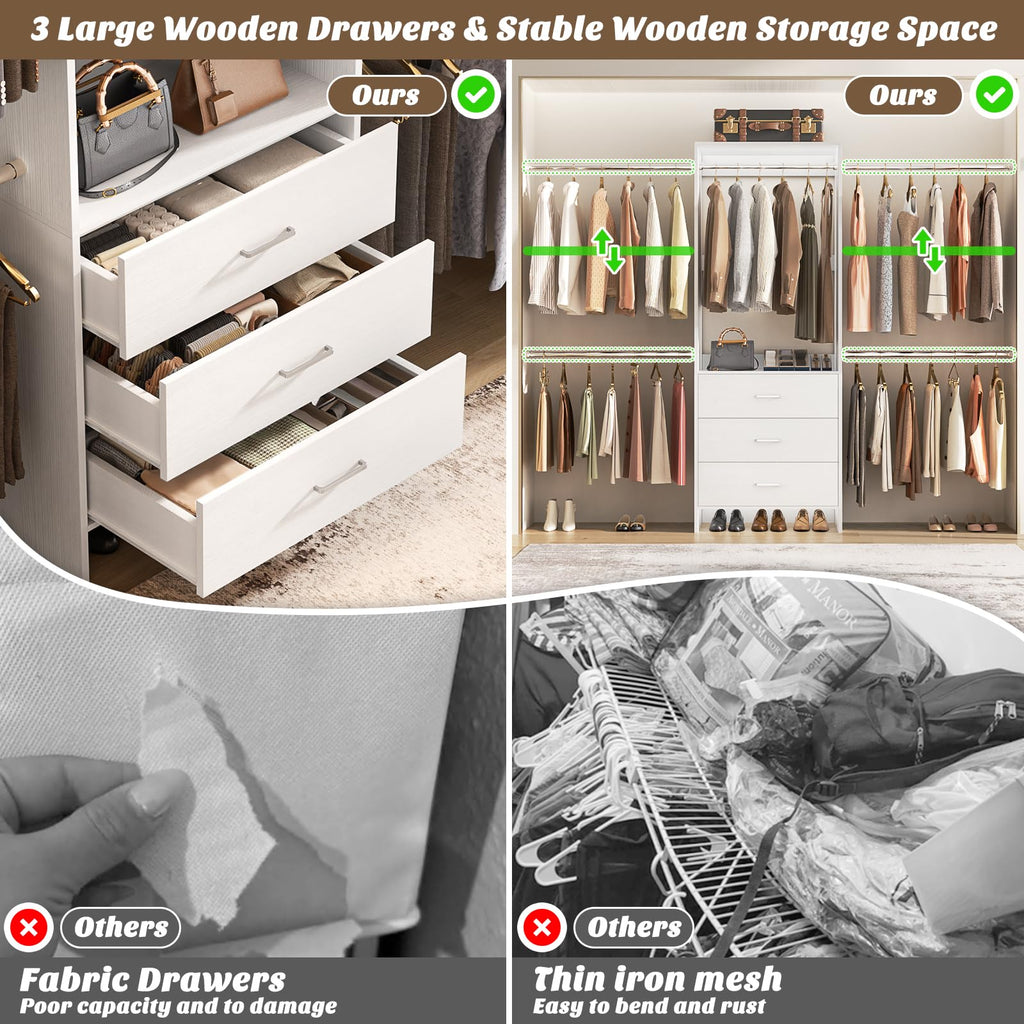 Closet System, Closet Organizer with 3 Wooden Drawers, Closet Organizer System, Walk-in Closet Wardrobe Clothes Rack