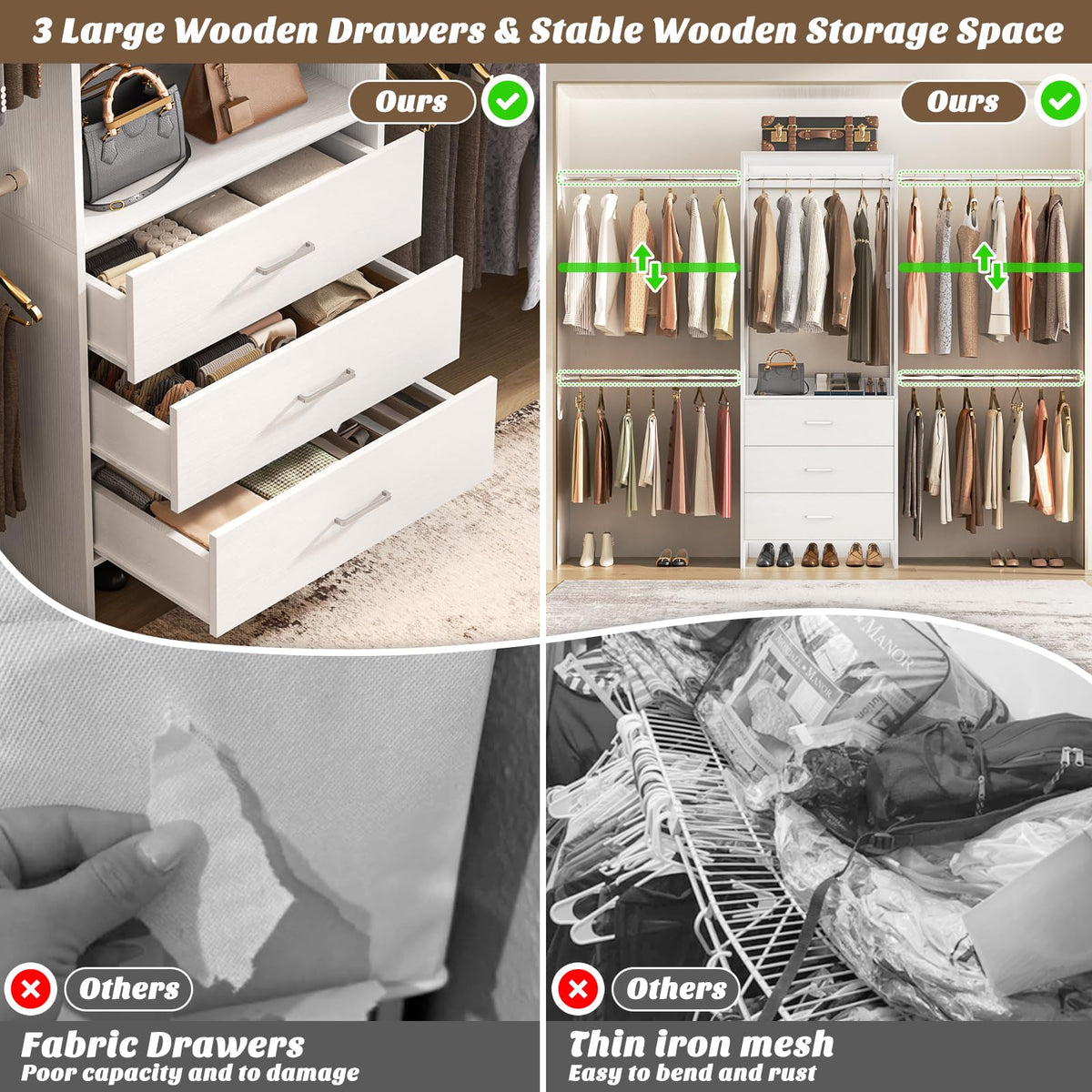 Closet System, Closet Organizer with 3 Wooden Drawers, Closet Organizer System, Walk-in Closet Wardrobe Clothes Rack