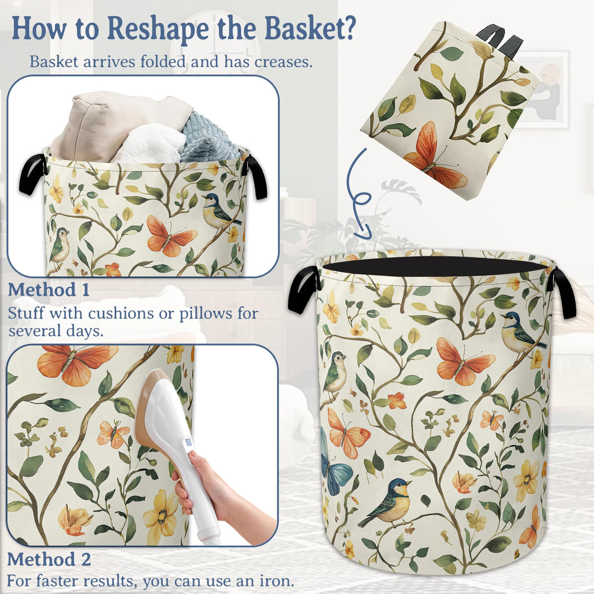 Bird Butterfly Laundry Basket,Oxford Cloth Vintage Nature Laundry Hamper With Handle Foldable Portable Clothes