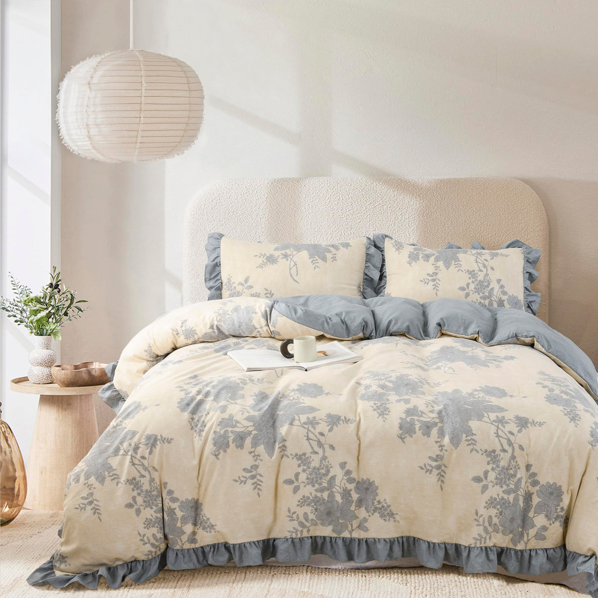 Comforter Set, Ruffle Floral Bedding Set, 3 Pieces, Blue
