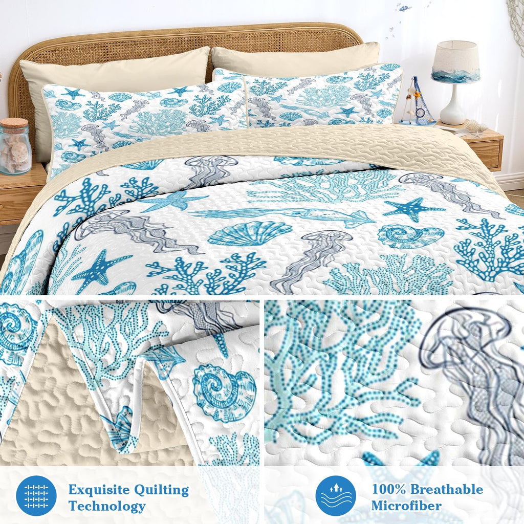 Quilt Set, 3 Pieces Ocean Beach Bedding, Bedspread