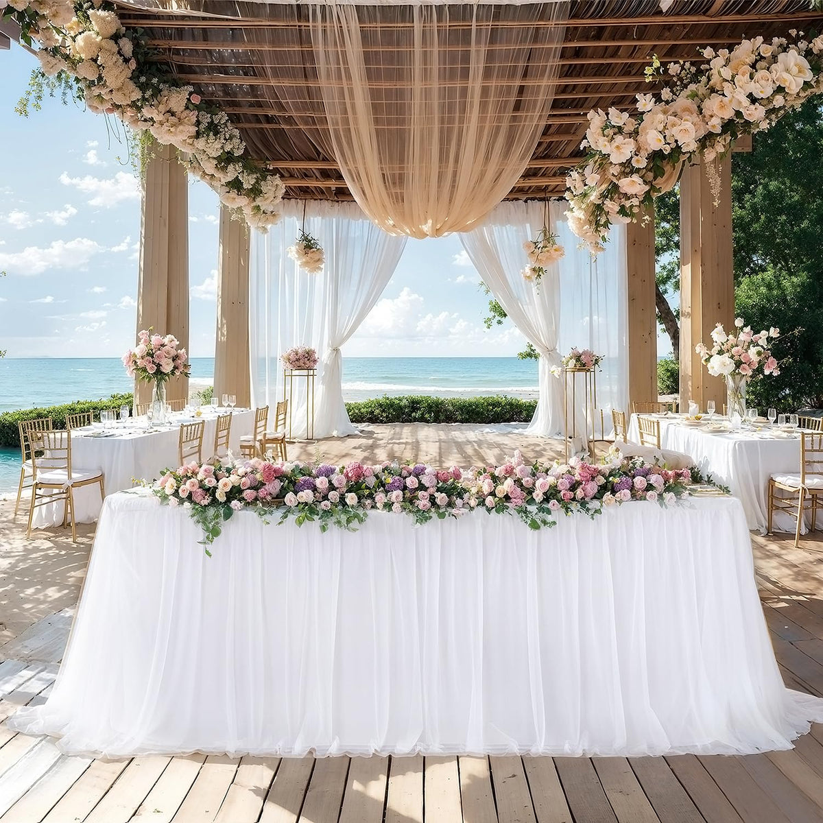 Table Cloths 6 Foot Rectangle Stretch Ruffle Tulle Tablecloth Spandex Fitted Table Cover for 6 Foot Tables White