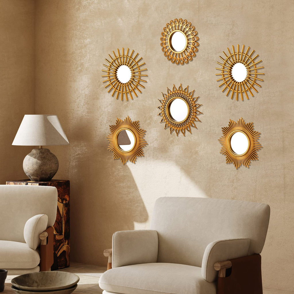 6 Pcs Sunburst Round Mirror for Wall Decor, Classic, Gold