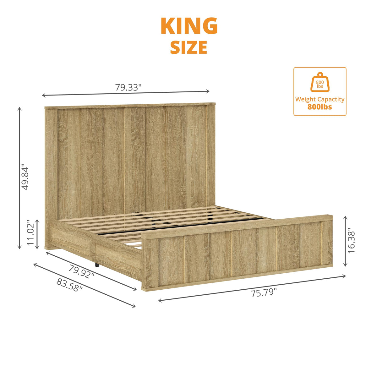 Farmhouse Bed Frame with 50" Tall Headboard, Natural Oak