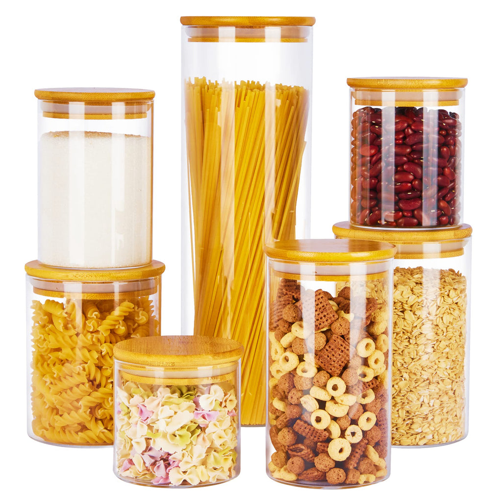 Glass Food Storage Jars, 7 Pack Kitchen Containers with Airtight Bamboo Wooden Lids for Pasta, Cookies, Nuts, Coffee