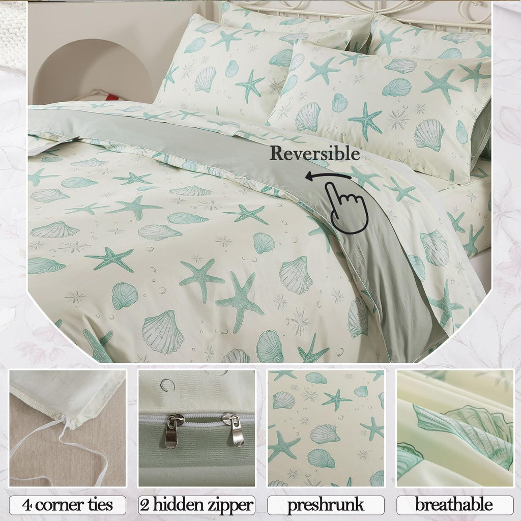 Premium 100% Cotton Coastal Duvet Cover Set - Soft Breathable Beach Bedding, Seafoam Green Starfish & Seashell