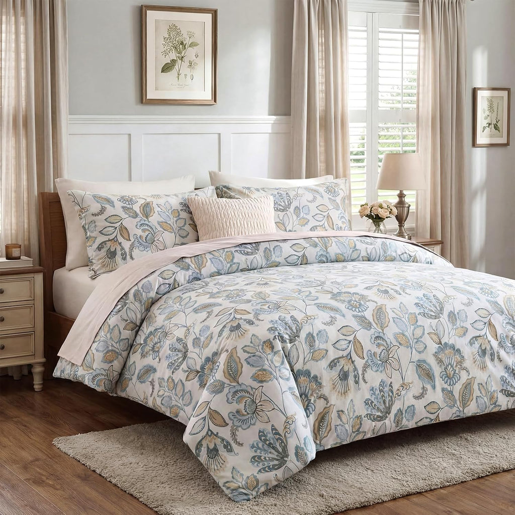 Blue Floral Comforter Set Queen Size, 100% Cotton Blue Botanical Bedding Set, 3 Pieces Soft Breathable Comforter and