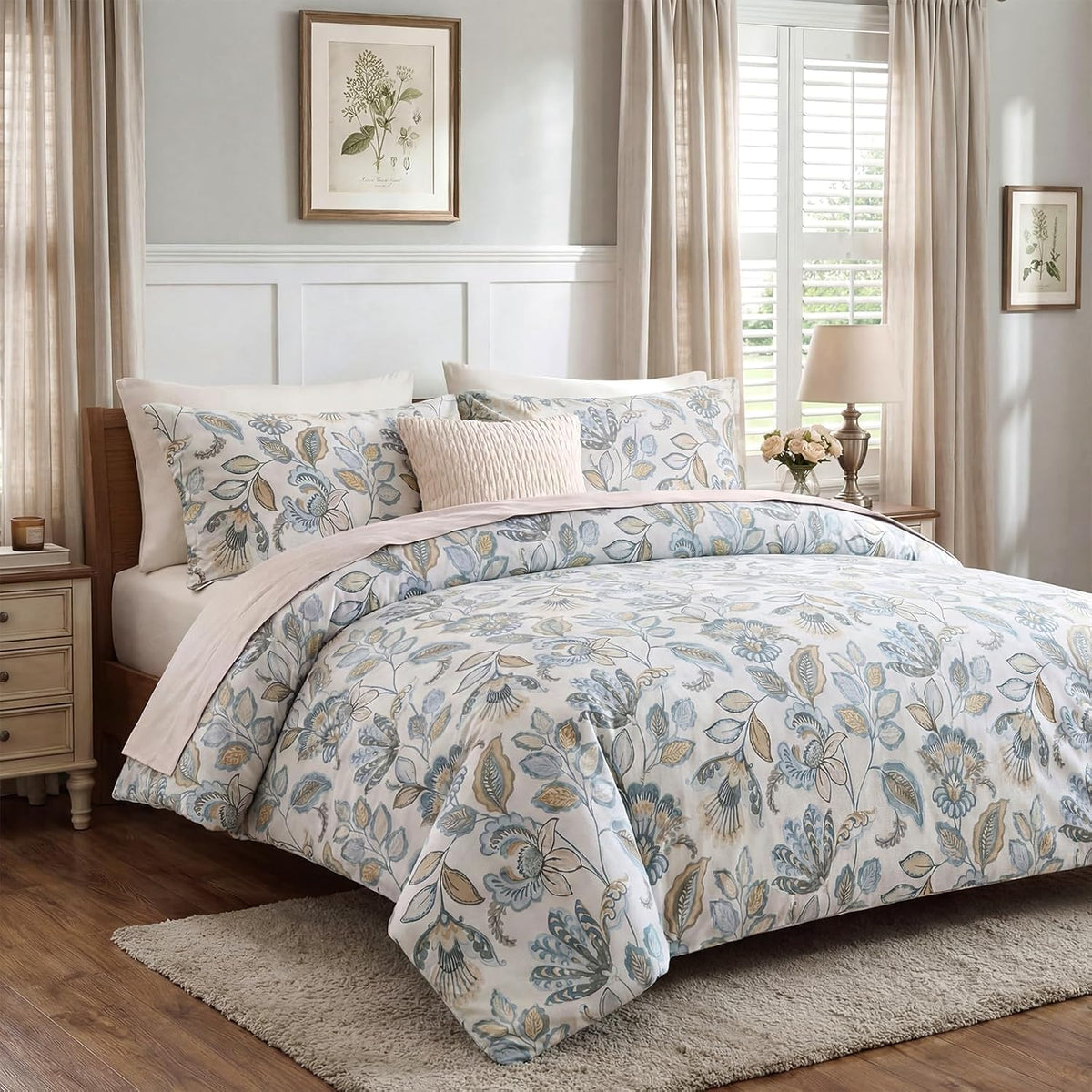 Blue Floral Comforter Set Queen Size, 100% Cotton Blue Botanical Bedding Set, 3 Pieces Soft Breathable Comforter and