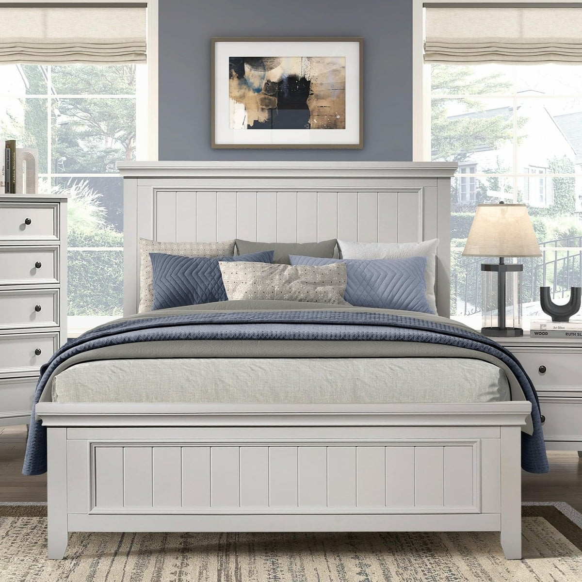 Farmhouse Style Full Size Panel Bed Classic White Wooden Bed Frame