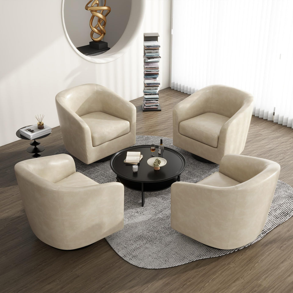 Faux Leather Swivel Accent Chairs Set of 4, Barrel Armchair, Cream