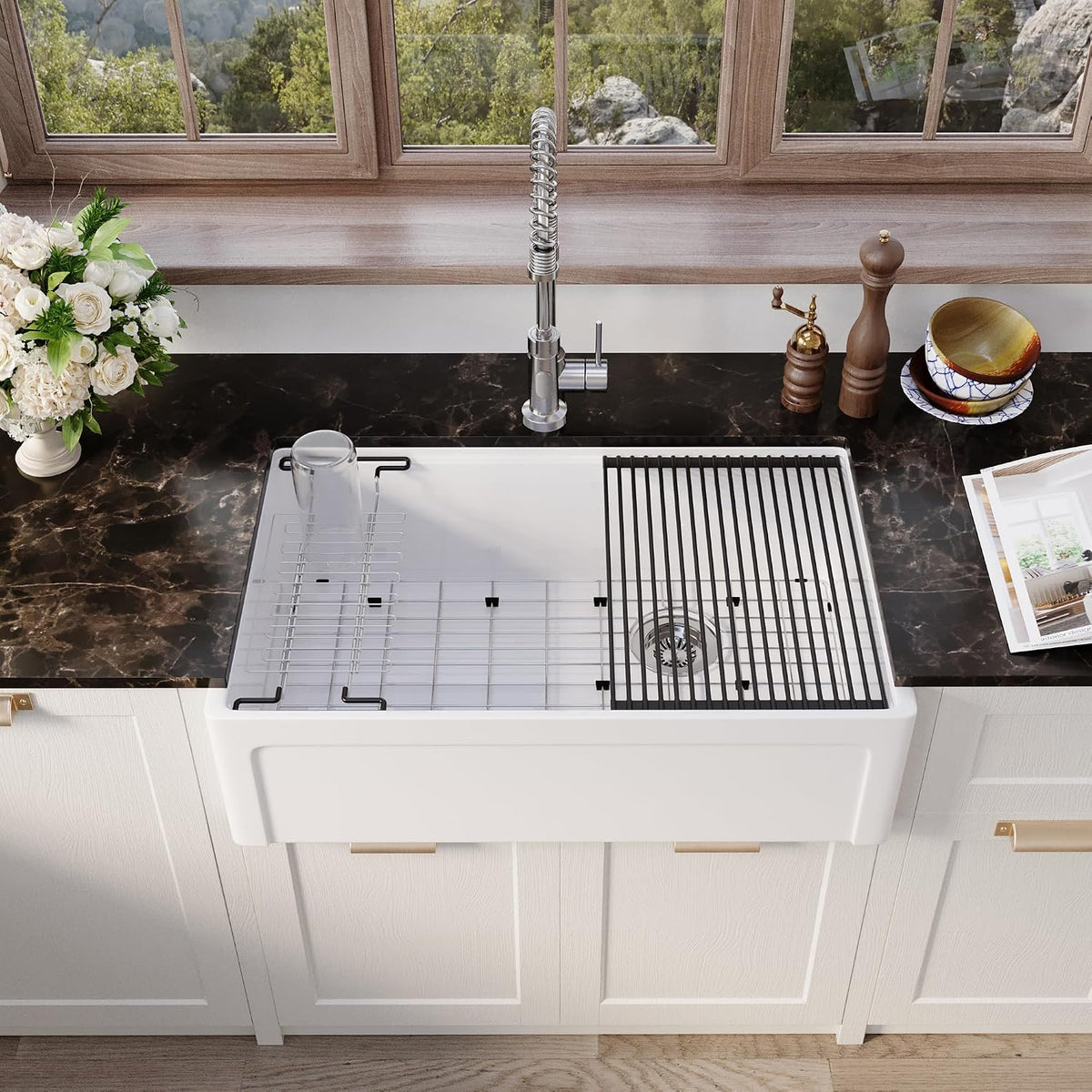 White Farmhouse Sink Fireclay Apron Front Kitchen Sink Single Bowl Kitchen Sinks, 33x20x10 Deep Workstation Sink with - Set of 6