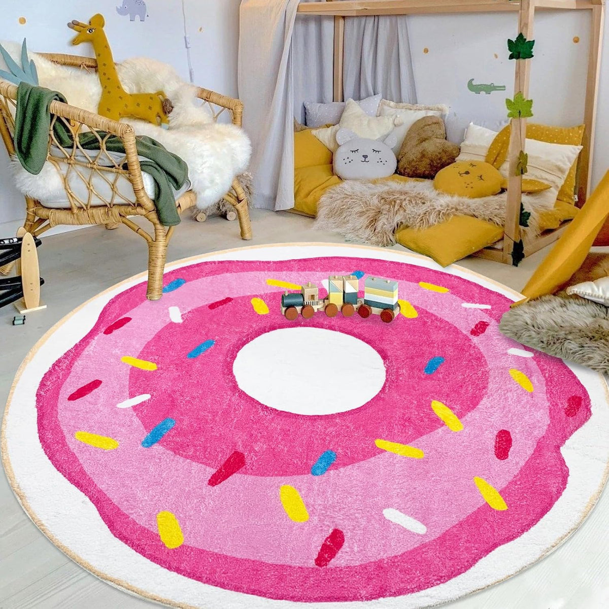 Kids Rug 5Ft Round Play Mat Pink Donut Playroom Rug for Girls Large Circle Bedroom Carpet for Nursery Living Room