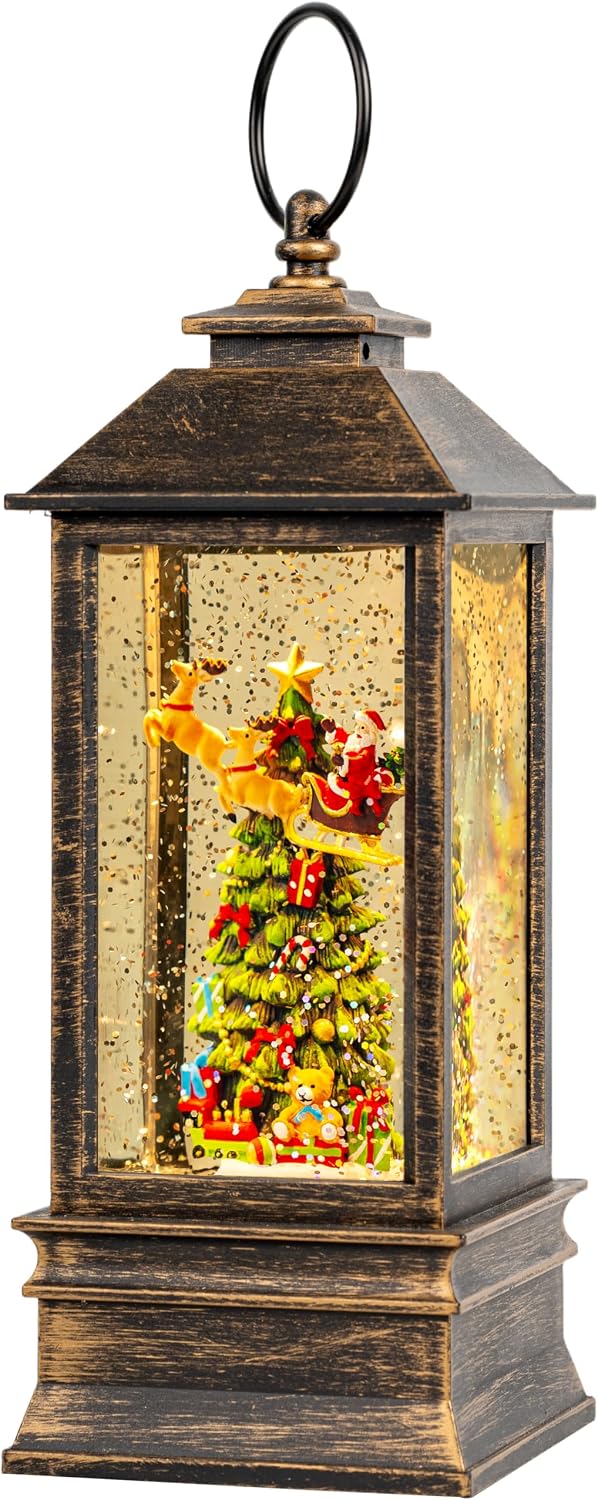 Christmas Snow Globe Lantern with Music & Timer, Vintage Lighted Musical Snow Globe with Swirling Water Glitter