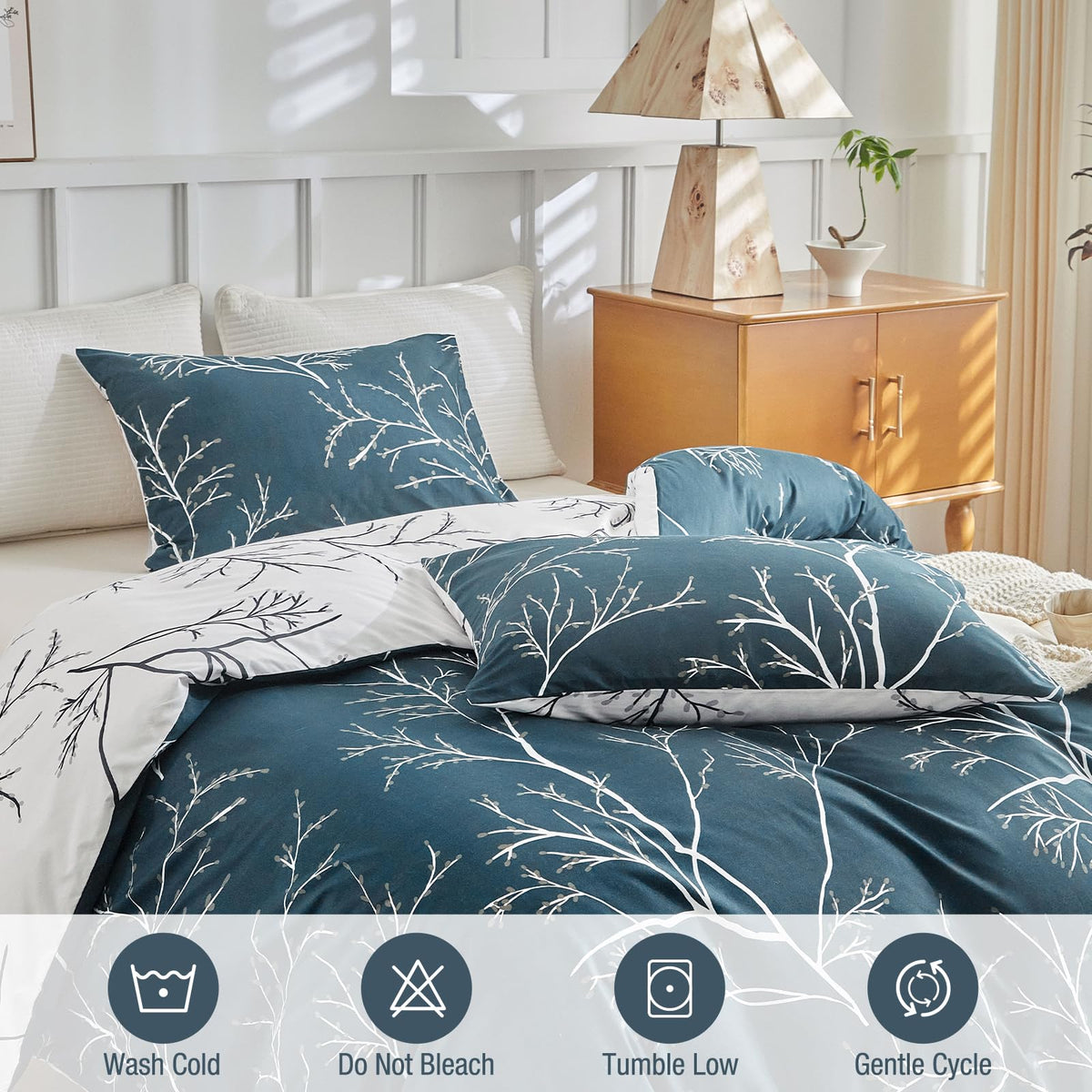 Reversible Duvet Cover, Dark Blue White Thin Branch