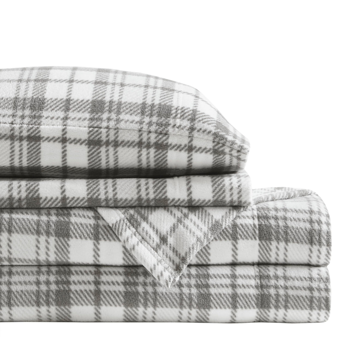 Sleep Philosophy Micro Fleece Sheets Bed Set 3 Piece, Grey Plaid
