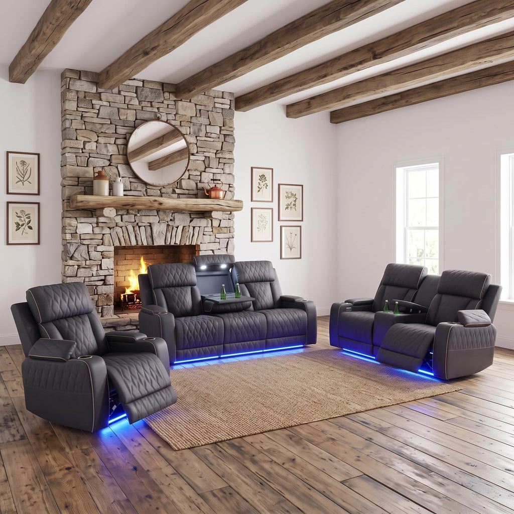 Leather Power Recliner Sofa Set with LED, 3 Piece Living Room Furniture Set, Breathable Leather Reclining Sofa Set