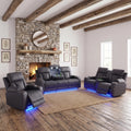 Leather Power Recliner Sofa Set with LED, 3 Piece Living Room Furniture Set, Breathable Leather Reclining Sofa Set