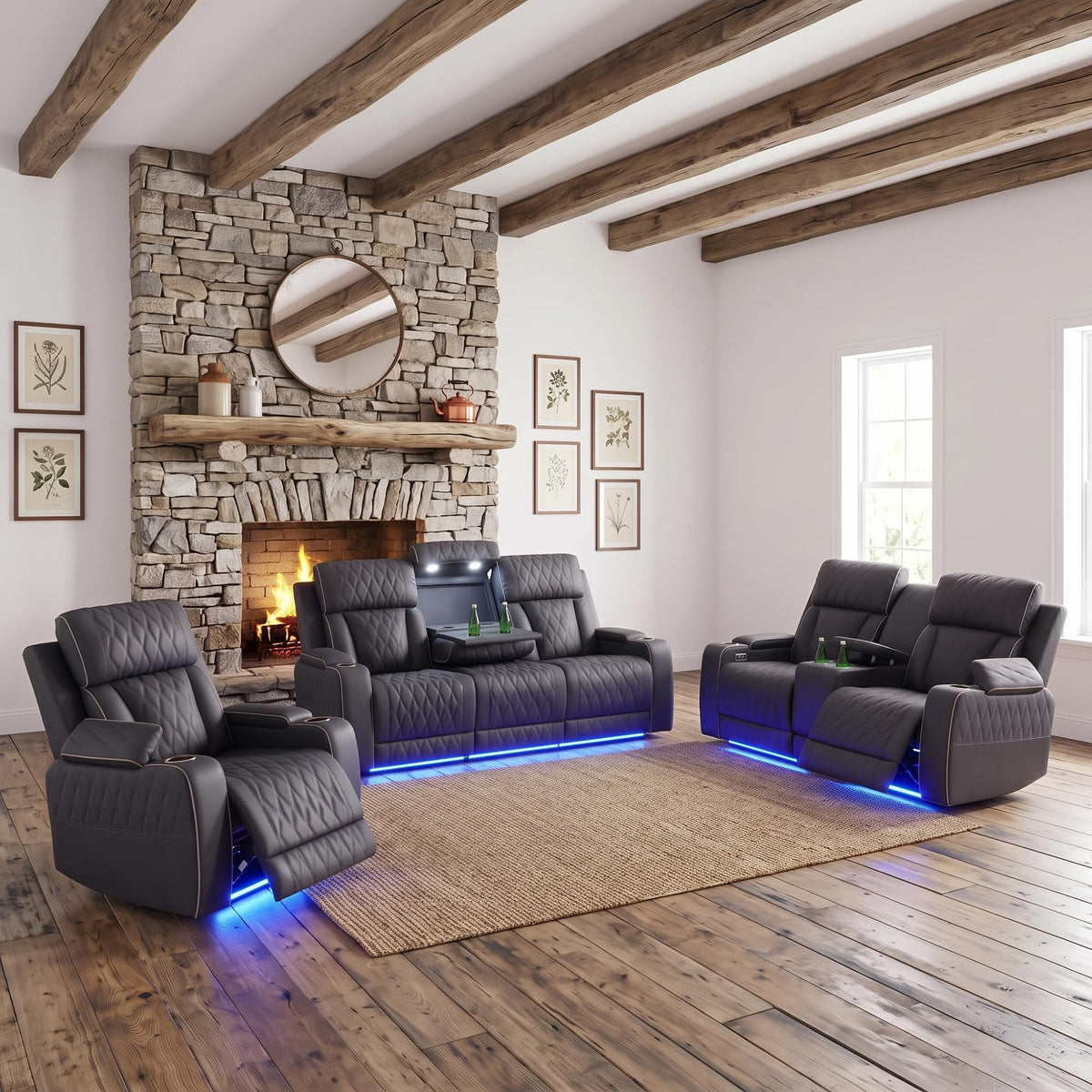 Leather Power Recliner Sofa Set with LED, 3 Piece Living Room Furniture Set, Breathable Leather Reclining Sofa Set