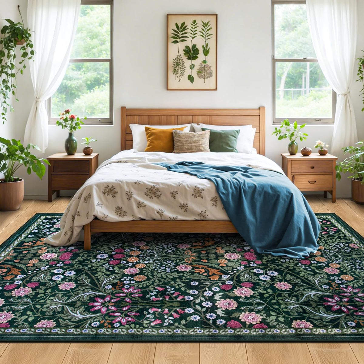 Area Rugs for Living Room: Floral Washable Rug Vintage Large Soft Boho Non-Slip Carpet Stain Resistant Low Pile