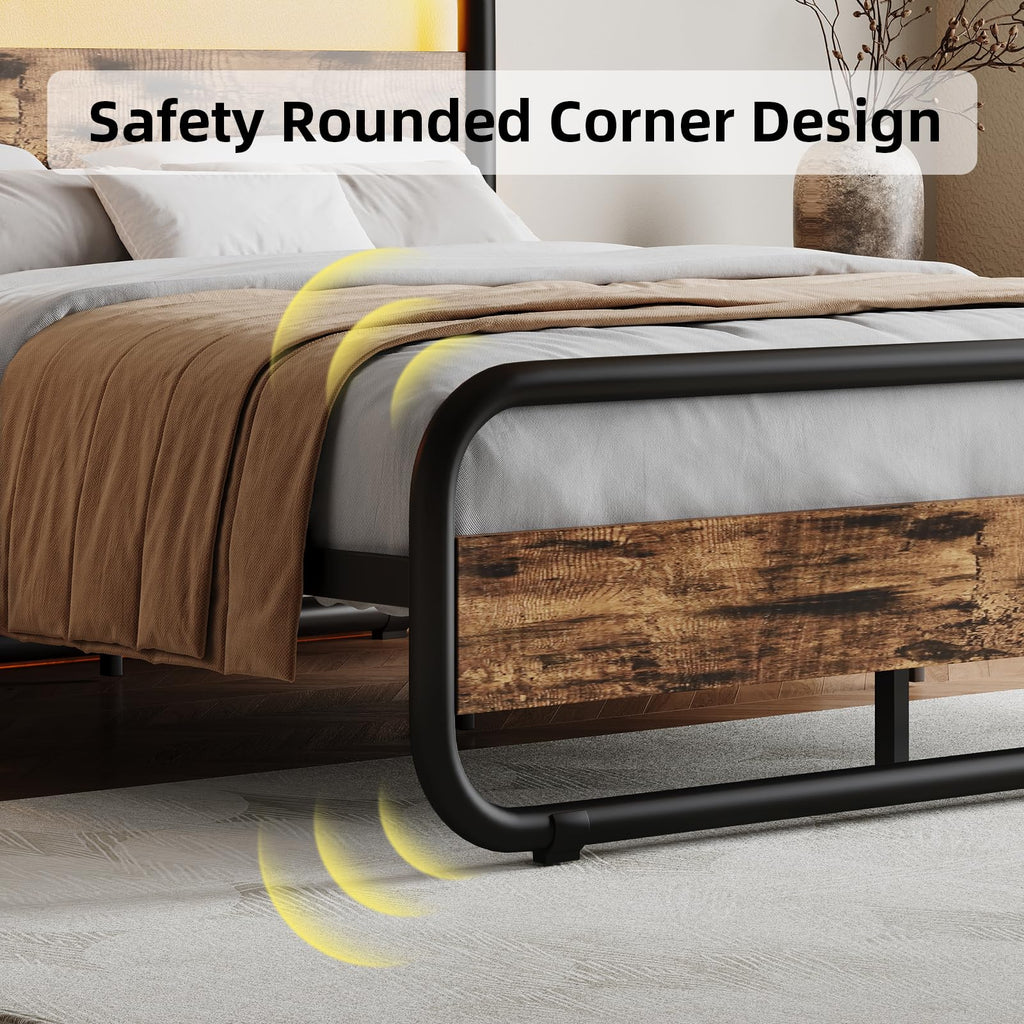 Bed Frame, Wood Headboard and Footboard, LED Lights, Rustic Brown