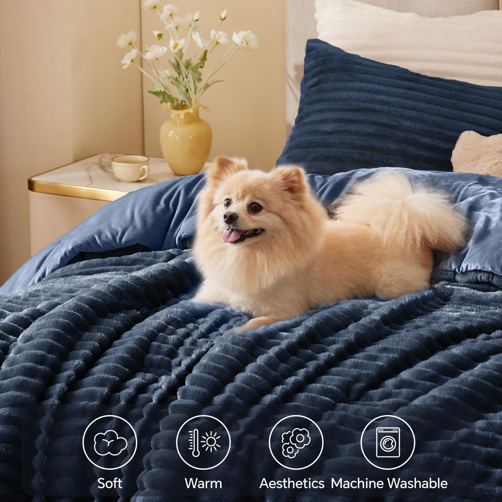 Fleece Oversized Comforter Set, Fluffy Bed Set, Navy Blue