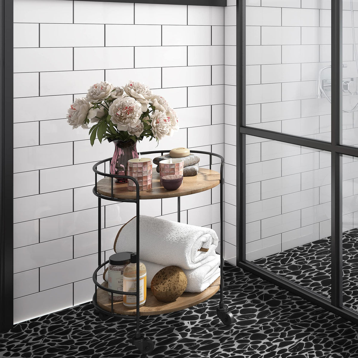 10-Sheet for Shower Floor Border Kitchen Bathroom Backsplash, Black Marquina Recycled Glass Marble Stone Looks Wall