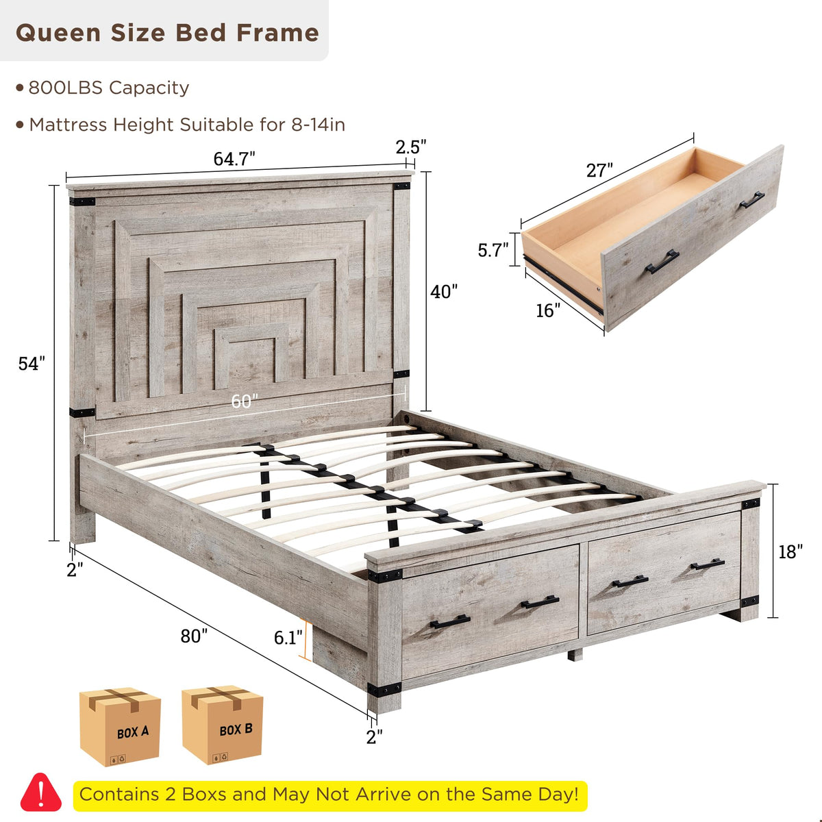 54" Tall Farmhouse Bed Frame, Light Rustic Oak