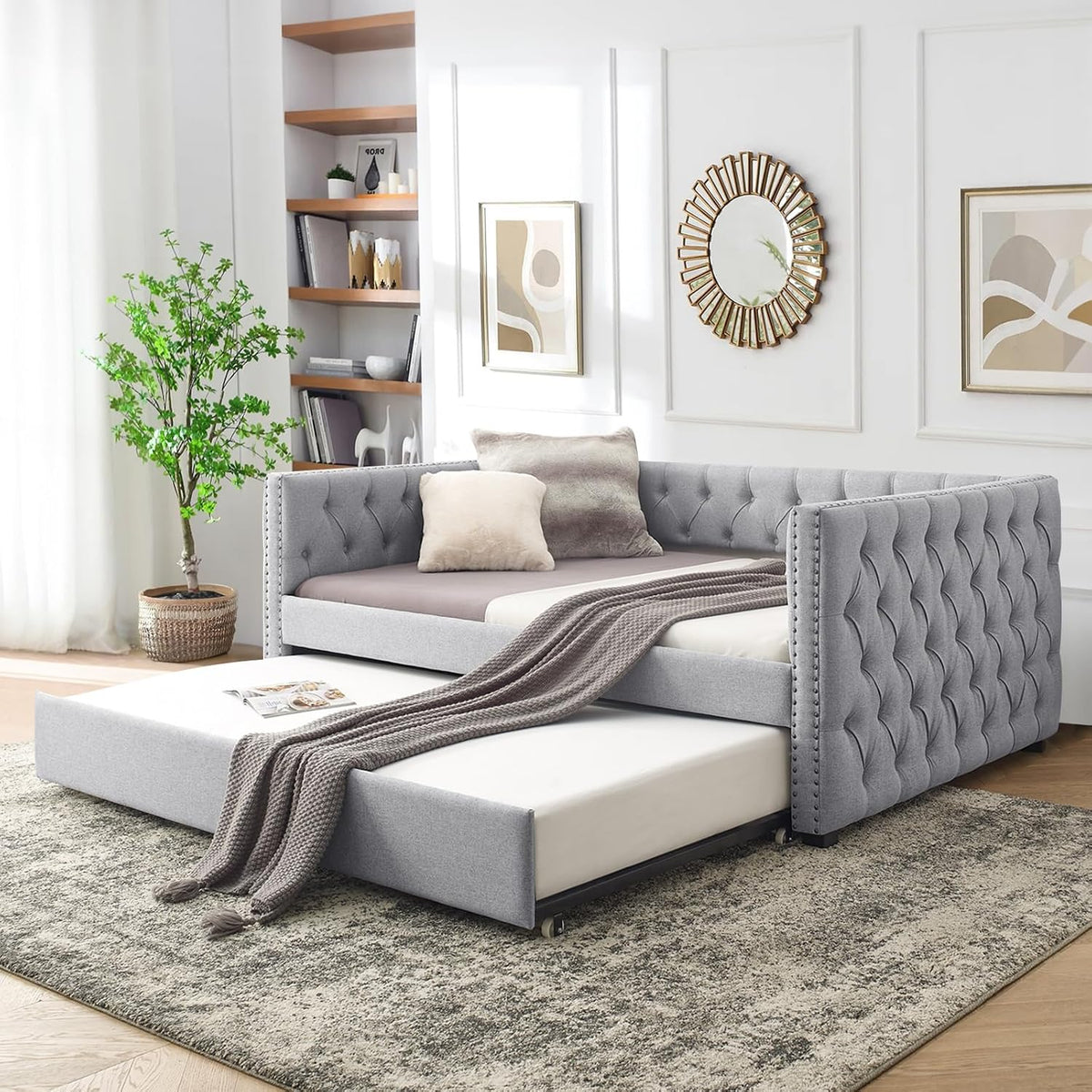 Daybed with Trundle, Modern Upholstered Full Size Day Bed Button-Tufted Sofa Daybed Frame with A Roll-Out Trundle, No