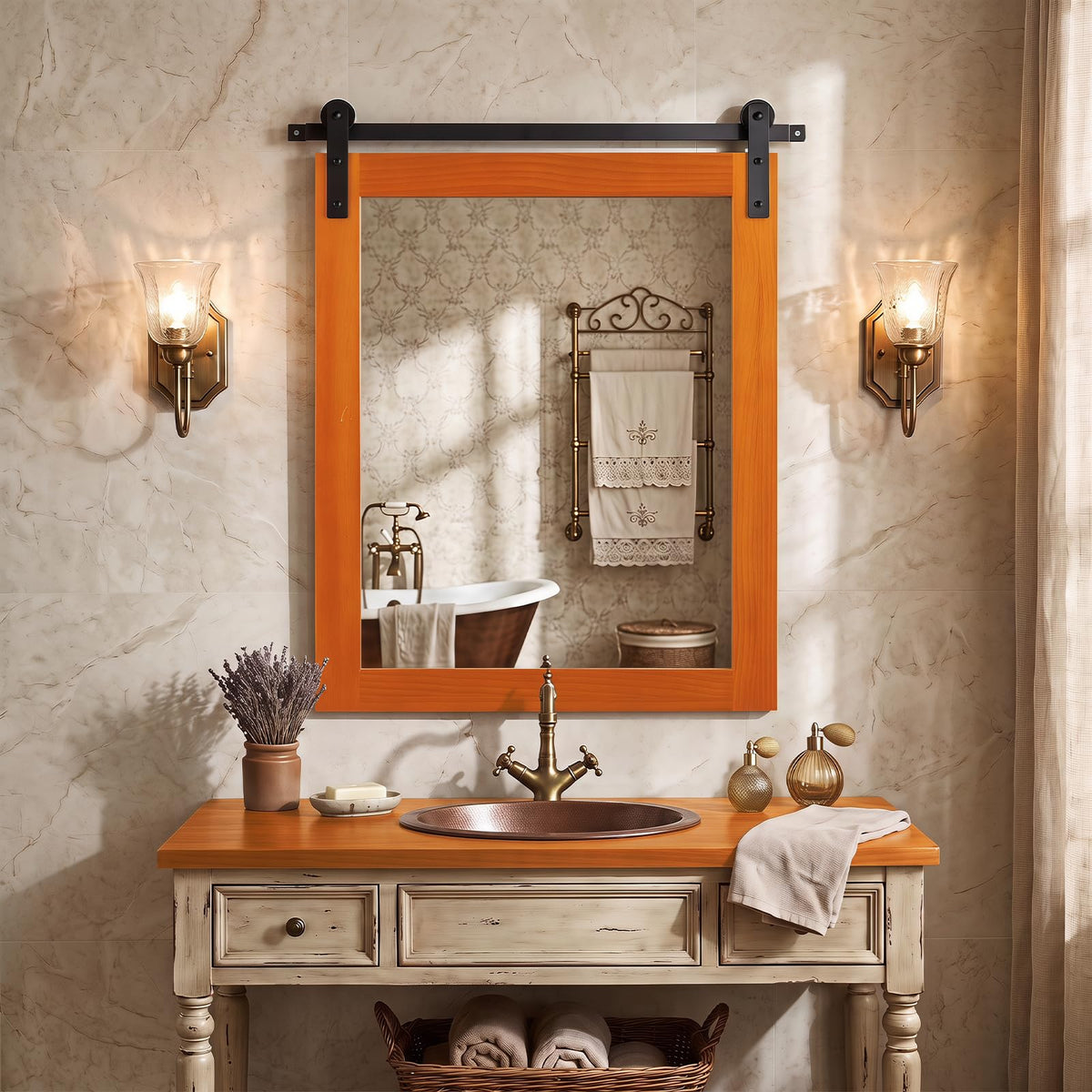 Rustic Farmhouse Wall Mirror, 22 x 30 Inch, Barn Door Style with Wood Frame & Metal Bracket, Wall-Mounted Decorative