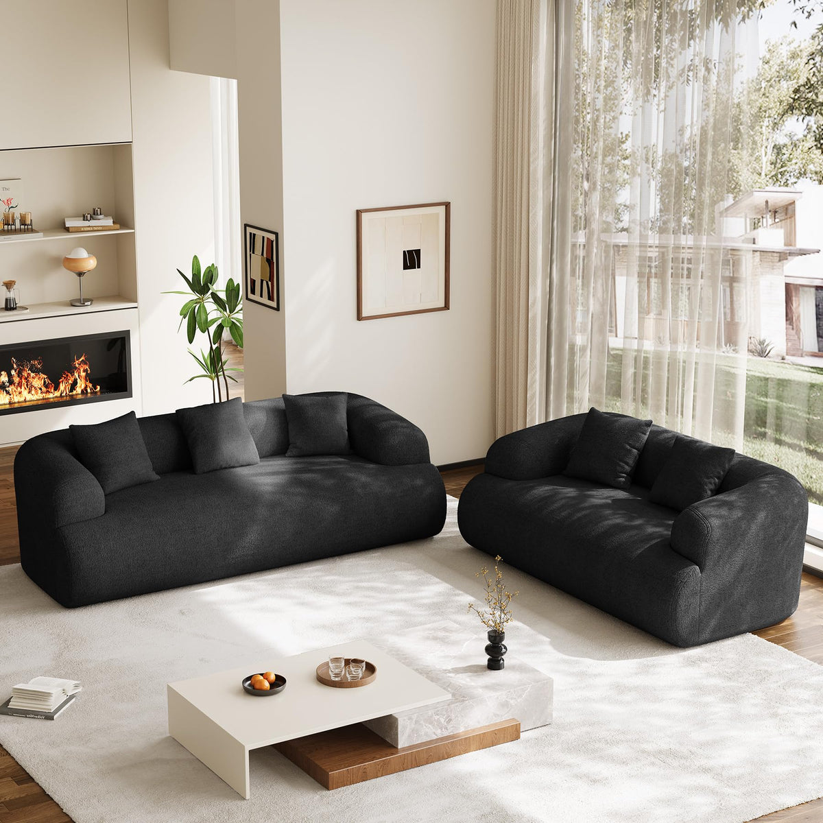 Boneless Couch Set, 91" + 75'' Cloud Couch Set, Chenille Curved Sofa, Modern Compression Sofa, No Assembly Required