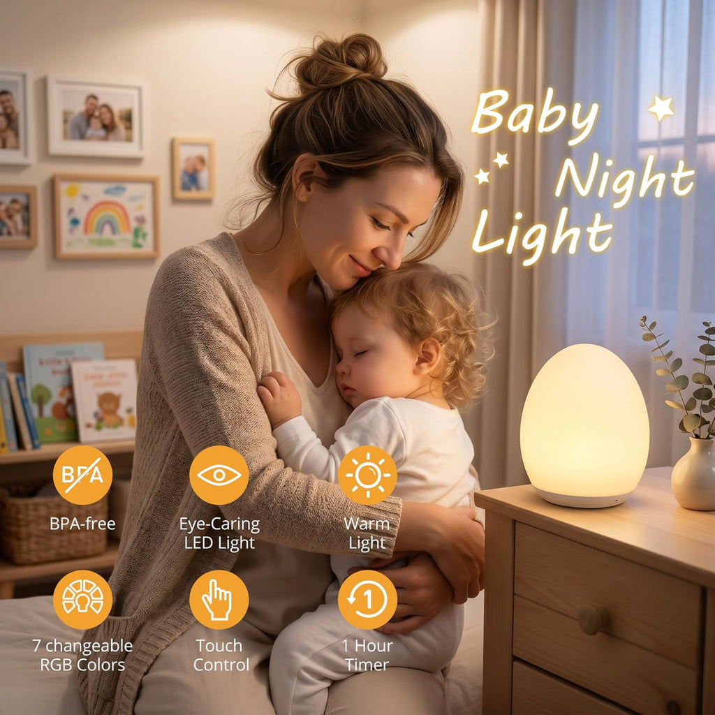 Egg Light, 7 RGB Colors, Dimmable Touch Control Night Light for Kids, White