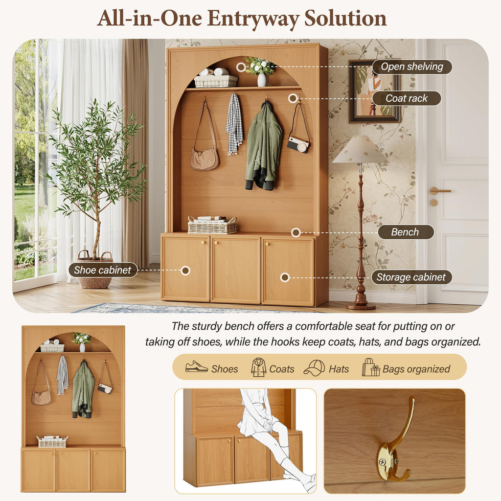 Farmhouse Hall Tree with Storage Bench, 48.7" Arched Entryway Coat Rack Organizer with 4 Metal Hooks, 3 Cabinets
